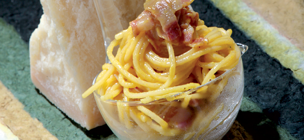 Spaghetti carbonara with grana padano