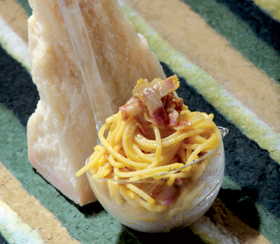 Spaghetti carbonara with grana padano